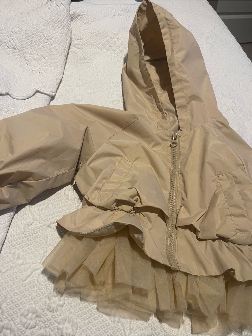 Girls Beige Hooded Tulle Trim Jacket 2T